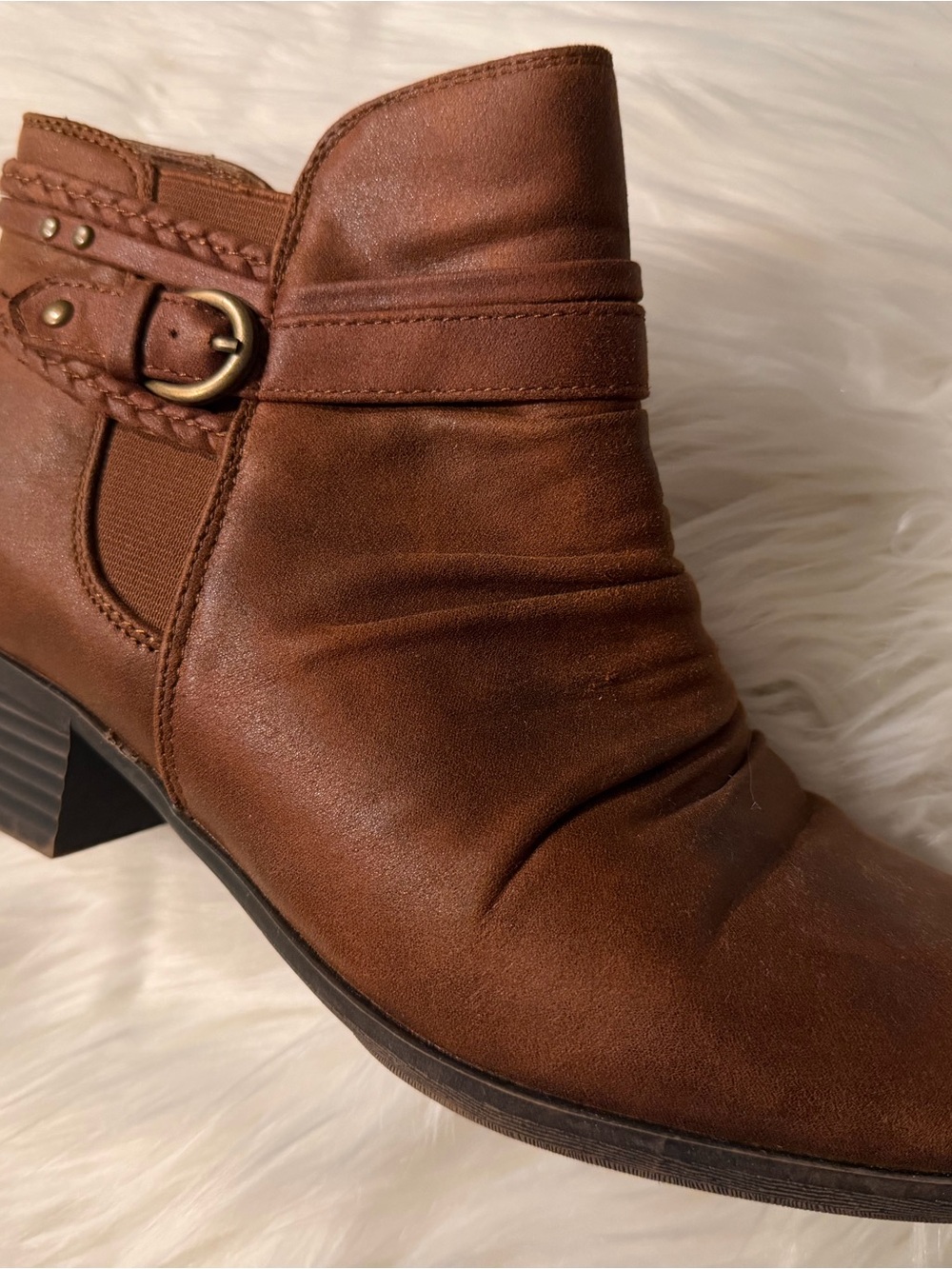 Yuu Cognac Brown Leather Ankle Boot with Buckle Strap